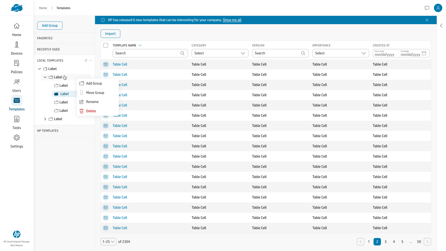 Template library showing an HP new-templates banner, an Import action, a nested Local Templates group tree with a context menu offering add group, move, rename, and delete, and a table of templates with name, category, version, importance, and created-at columns.